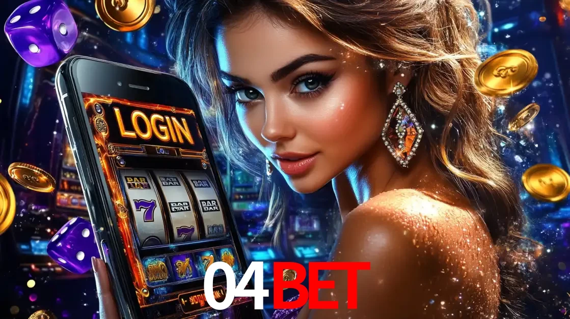 Mulher glamorosa segurando um smartphone com a tela de login para os jogos de caça-níqueis do cassino online 04BET, com moedas de ouro e dados ao redor.